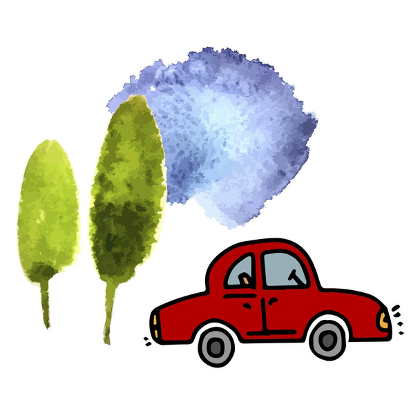 Rode auto, aquarel bomen en lucht - Vector, afbeelding