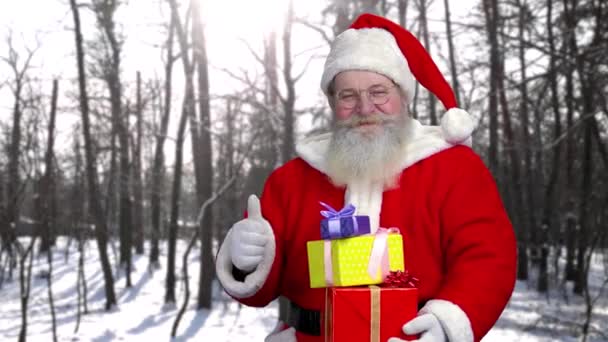 Weihnachtsmann hält Geschenke im Freien. - Filmmaterial, Video