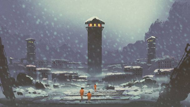 tres prisioneros caminando en la prisión abandonada en invierno, estilo de arte digital, pintura de ilustración
 - Foto, imagen