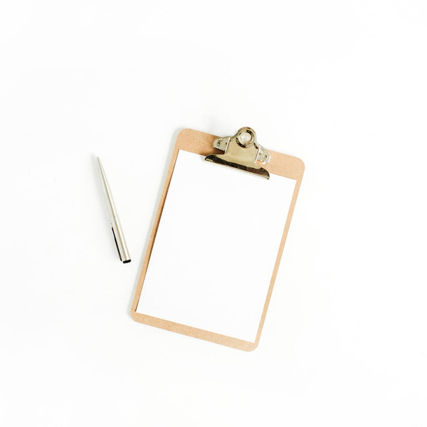 Clipboard and pen on white background - Photo, Image
