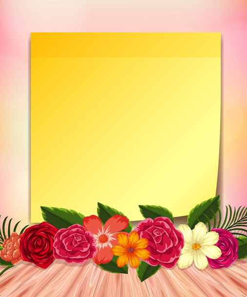 Yellow notepad and colorful flowers - Vector, Image