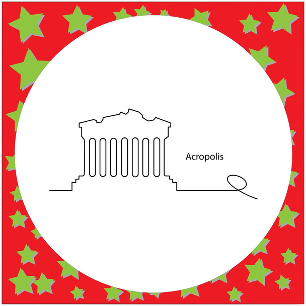 Ακρόπολη Αθηνών διανυσματικά εικονογράφηση μαύρο περίγραμμα γραμμής, απομονώνονται σε φόντο λευκό κύκλο με τα αστέρια. - Διάνυσμα, εικόνα
