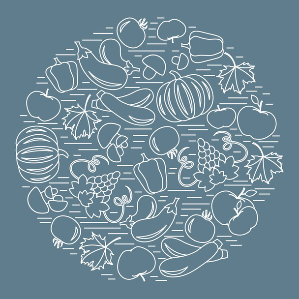 Set of autumn seasonal fruits and vegetables in circle. Tomato,  - Vector, afbeelding