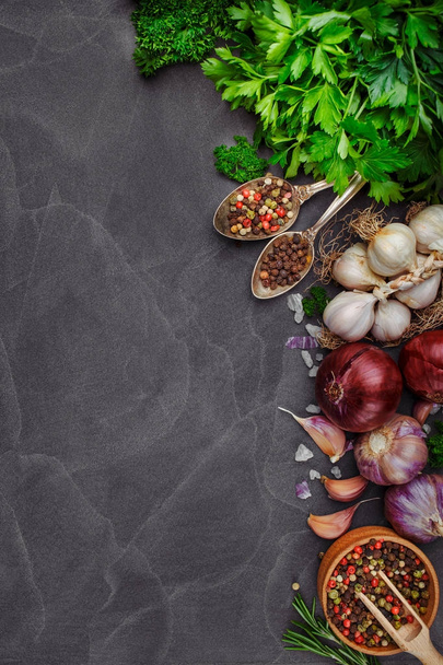 Herbs, condiments and spices on stone background. Top view. - Φωτογραφία, εικόνα