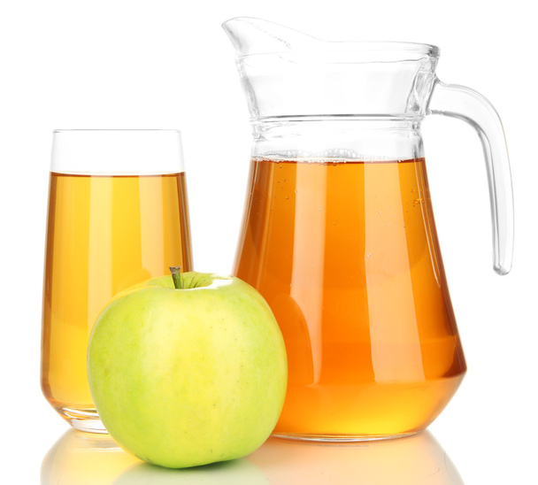 Full glass and jug of apple juice and apple isolted on white - Foto, Imagen