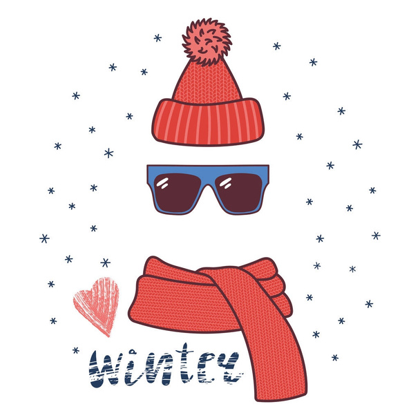 Knitted hat, sunglasses, muffler illustration - Vektor, kép
