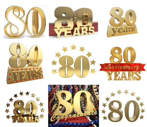 Zestaw numer celebracja osiemdziesiąt lat (80 lat). Rocznica złoty numer elementy szablonu dla urodziny. ilustracja 3D  - Zdjęcie, obraz