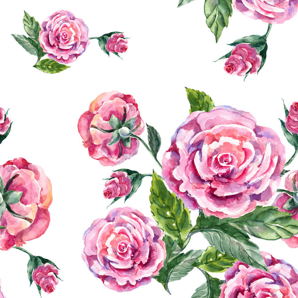 Watercolor  rose and button on a white background seamless pattern. - Photo, Image