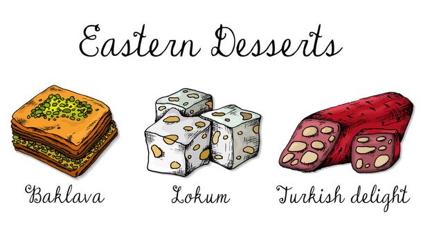 Vectorillustratie van Oost-Desserts instellen schets stijl  - Vector, afbeelding