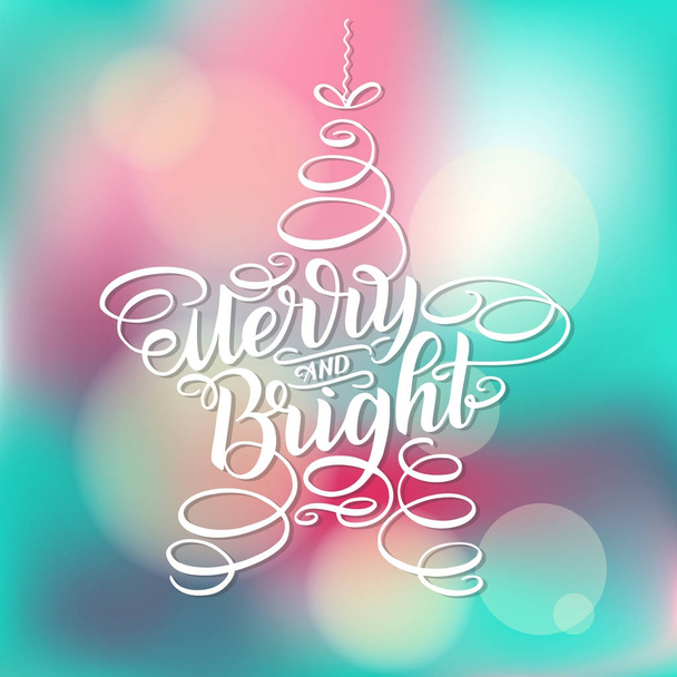 Merry and Bright New Year Lettering in form of star tree toy, Greeting Card design circle text frame isolated on white.Vector illustration. Christmas tree toy, Sign Painting - Wektor, obraz