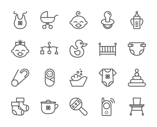 Baby theme pixel perfect 48X48 icons. Pictograms of baby, pram, crib, mobile, toys, rattle, bottle, diaper, bathtub, cloth, bib and other newborn related elements. Line out symbols. - Vector, Image