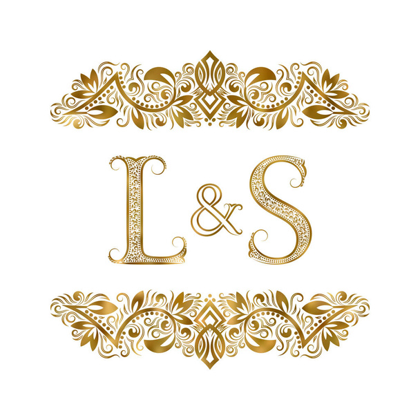 L и S винтажные инициалы логотип. Буквы окружены декоративными элементами. Монограмма о свадьбе или деловых партнерах в королевском стиле
. - Вектор,изображение