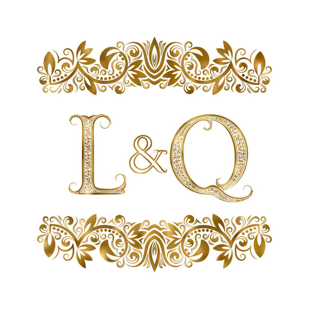 Символ логотипа L и Q винтажных инициалов. Буквы окружены декоративными элементами. Монограмма о свадьбе или деловых партнерах в королевском стиле
. - Вектор,изображение