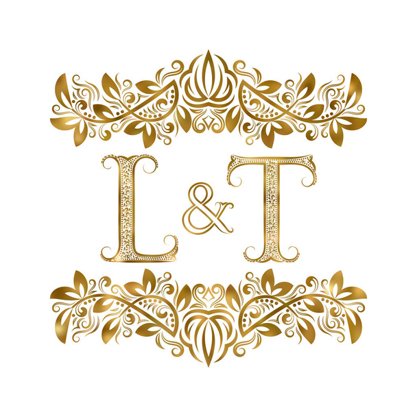 L и T винтажные инициалы логотип. Буквы окружены декоративными элементами. Монограмма о свадьбе или деловых партнерах в королевском стиле
. - Вектор,изображение