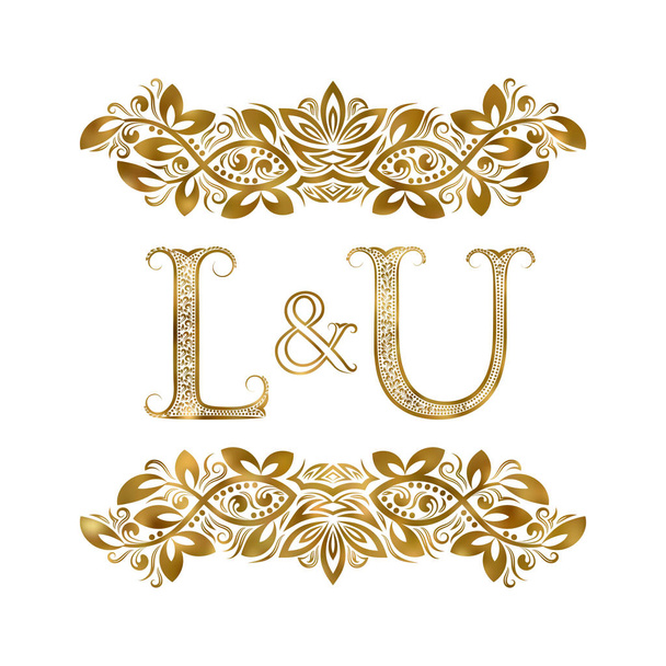 L e U iniciais vintage símbolo do logotipo. As letras são cercadas por elementos ornamentais. Monograma de casamento ou parceiros de negócios em estilo real
. - Vetor, Imagem