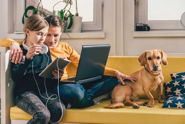 Mother and daughter sitting on yellow sofa with small yellow dog and using tablet and laptop - Фото, зображення