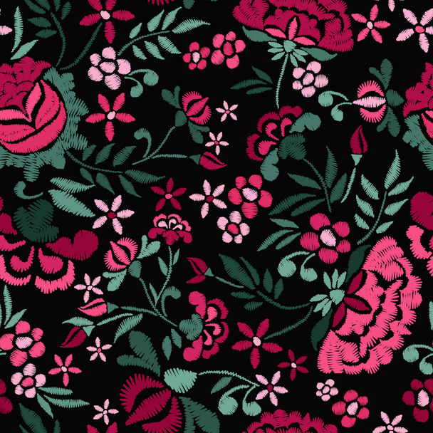 Embroidery seamless pattern with beautiful flowers. Vector floral ornament on black background. Embroidery for fashion textile and fabric. - Vettoriali, immagini