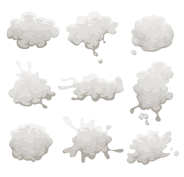 Set van cartoon grijze wolken, rook, ontploffing, splatter en explosie patronen geïsoleerd op witte achtergrond - Vector, afbeelding