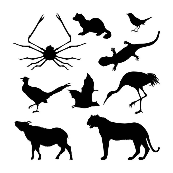 Conjunto de siluetas de animales japoneses. Tigre negro, grúa y faisán sobre fondo blanco
 - Vector, Imagen