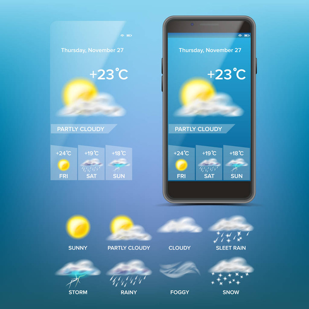 Předpověď počasí App vektor. Nastavení ikony počasí. Modré pozadí. Mobilní počasí obrazovku aplikace. Ilustrace - Vektor, obrázek