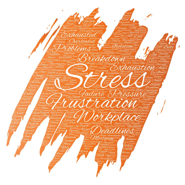 Vector conceptual mental stress at workplace or job pressure paint brush word cloud isolated background. Collage of health, work, depression problem, exhaustion, breakdown, deadlines risk - Vector, Image