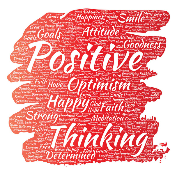 Vektor konzeptionelles positives Denken, fröhliche starke Haltung Pinselpinsel Wortwolke isoliert auf dem Hintergrund. Collage aus Optimismus Lächeln, Glaube, mutigen Zielen, Güte oder Glück Inspiration - Vektor, Bild
