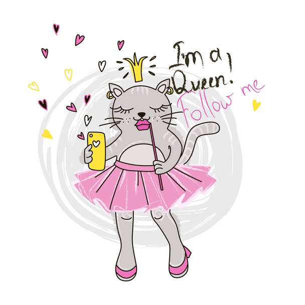 Funny kitten girl with phone. Vector doodle graphic. Illustration for fashion design. - Vektor, obrázek