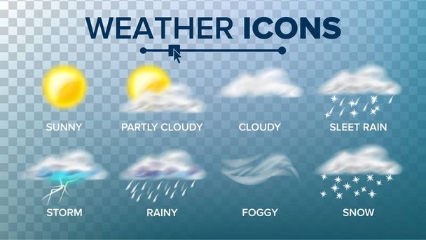 Weerpictogrammen Vector instellen Zonnige, bewolkt Storm, regen, sneeuw, mistig. Goed voor het Web, mobiele App. geïsoleerd op transparante achtergrond afbeelding - Vector, afbeelding