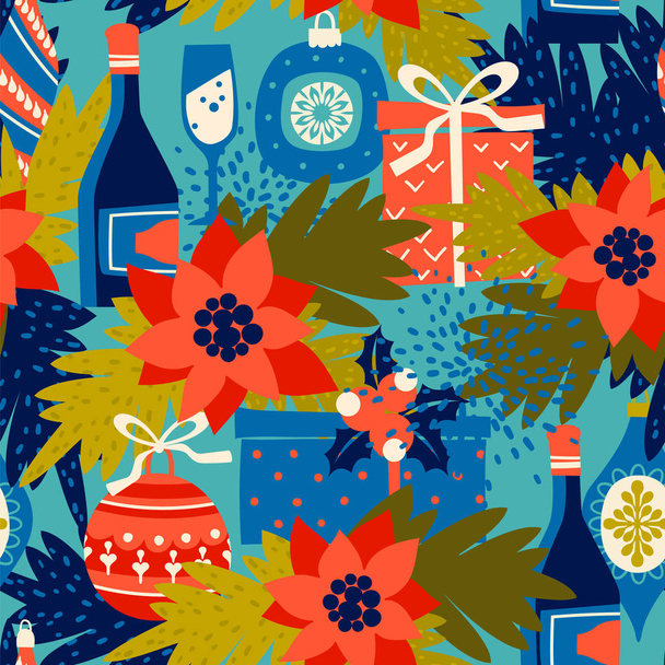 Vector seamless pattern with Christmas symbols. Trendy vintage style. - Vector, Image