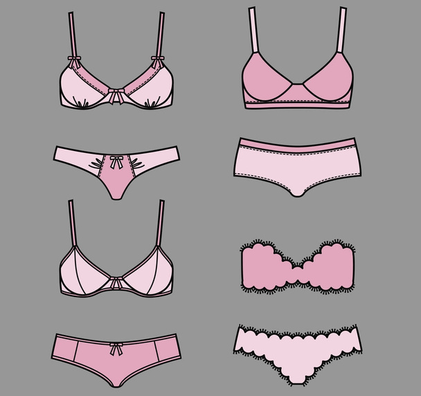 Pink female underwear isolated on grey background. Fashion sets with different styles of bra and woman panties. Styles of isolated vector lingerie.  - Wektor, obraz