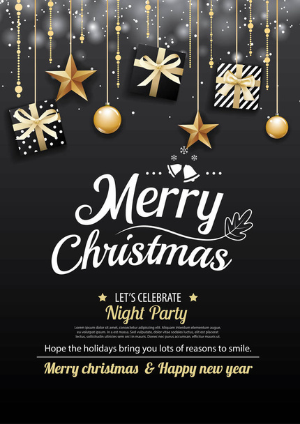Merry christmas party and gift box on dark background invitation - Vector, Image
