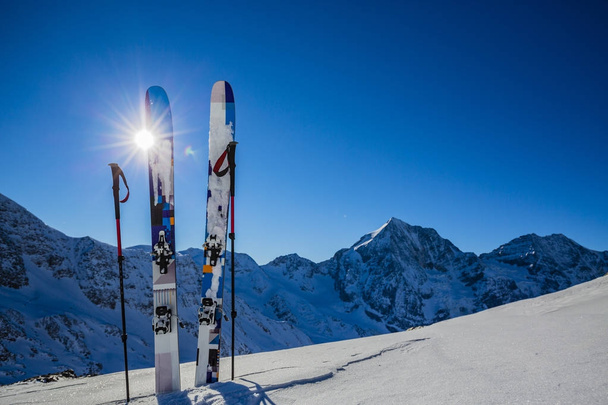 Ski in winter season, mountains and ski touring backcountry equi - Photo, Image