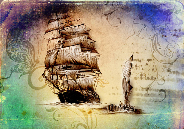Barco en el mar o el océano ilustración de arte
 - Foto, Imagen