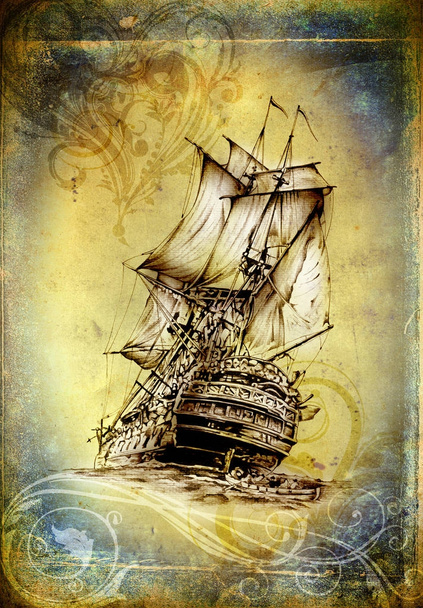 Loď na moři nebo oceánu umění ilustrace - Fotografie, Obrázek