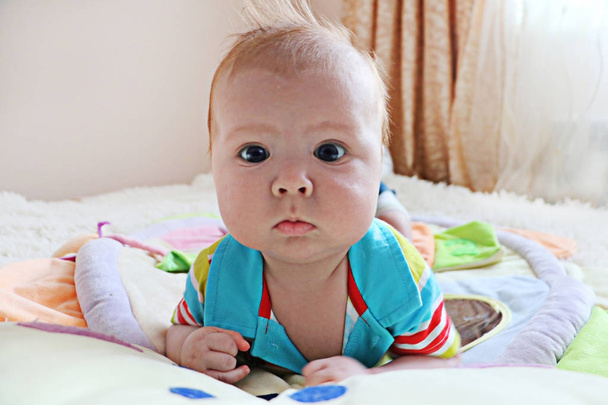 ショウガの髪と青い目のかわいい新生児赤ちゃんの肖像画  - 写真・画像