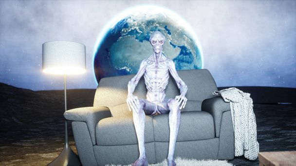 funny alien watching TV on the sofa on the moon. Living on the moon concept. Earth background. 3d rendering. - Photo, Image