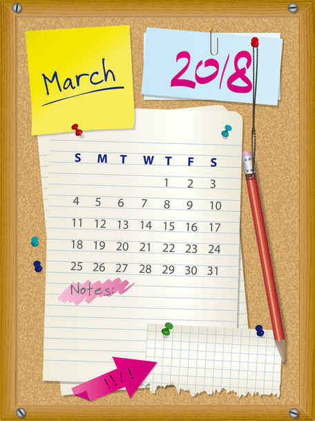 Calendário 2018 - mês de março - placa de cortiça com notas
 - Vetor, Imagem