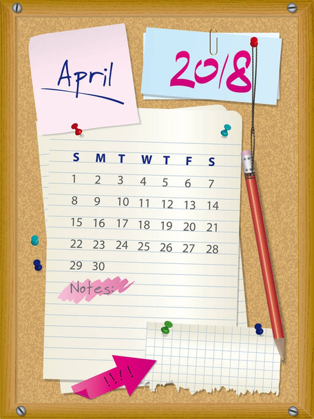 Calendario 2018 - mes de abril - tablero de corcho con notas
 - Vector, imagen