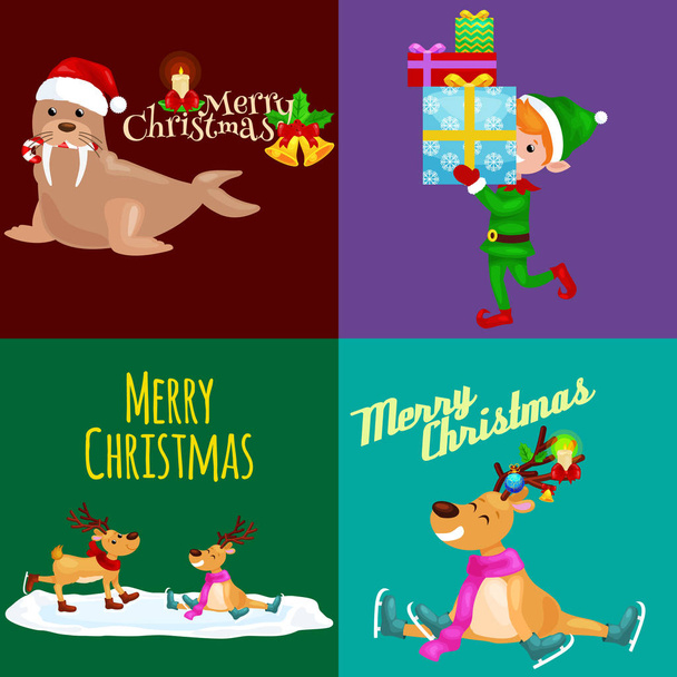 Illustration set animals winter holiday North Pole boy elf with presents and deer skating  sitting  lights,walrus in hat.Merry Christmas  Happy New Year - Vector, Image
