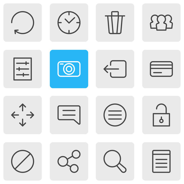 Ilustración vectorial de 16 iconos de aplicaciones. Paquete editable de aparato fotográfico, salida, bloque y otros elementos
. - Vector, imagen