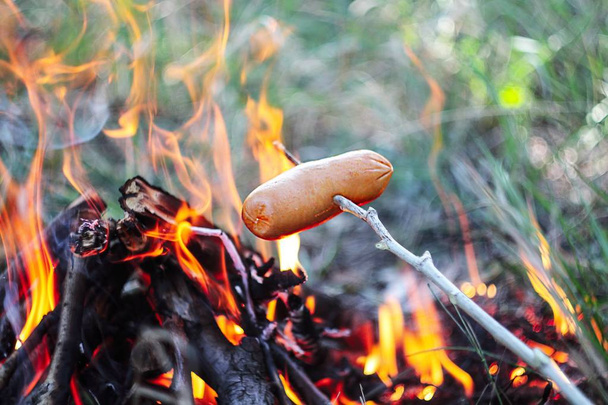    Apetitiva salchicha frita en la hoguera
 - Foto, imagen