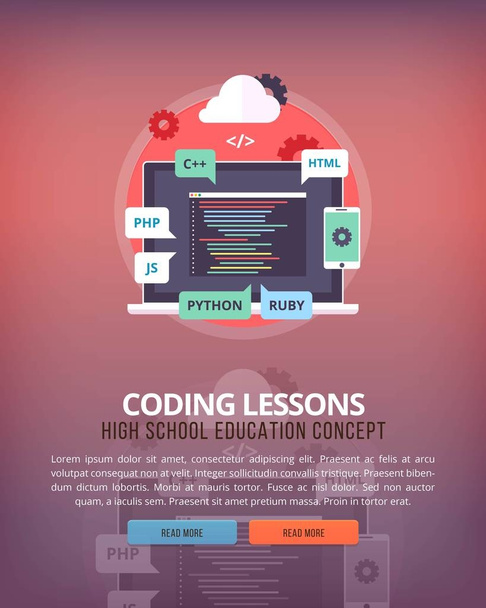 Set of flat design illustration concepts for programming, coding languages and hackers. Education and knowledge ideas. Informational technologies and digital arts. - Vector, Image