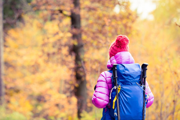 Mujer senderista con mochila mirando el inspirador golde de otoño
 - Foto, Imagen