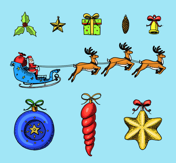 刻まれた手のラベルの古いスケッチとビンテージ スタイルで描画されます。メリー クリスマスやクリスマス、新年のコレクション。冬の休日の装飾。ホリーと鹿と装飾やおもちゃのサンタ クロース. - ベクター画像