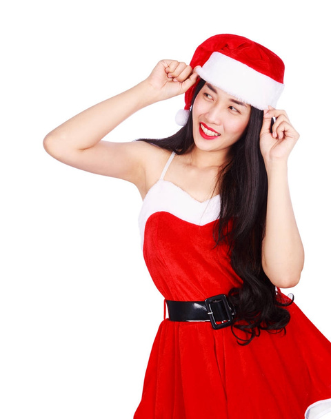 happy woman in Santa Claus clothes isolated on white background - Photo, Image