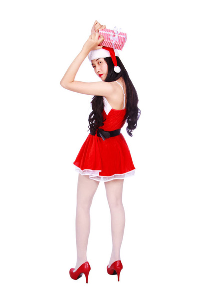 happy woman in Santa Claus clothes with gift box isolated on whi - 写真・画像