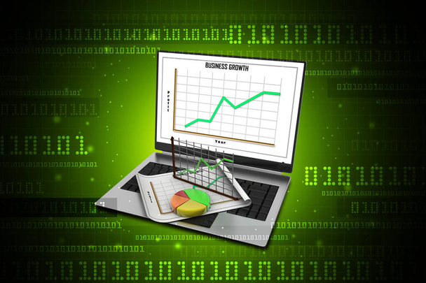 3D ilustracji Laptop pokazuje arkusz kalkulacyjny i papier z wykresów statystycznych - Zdjęcie, obraz