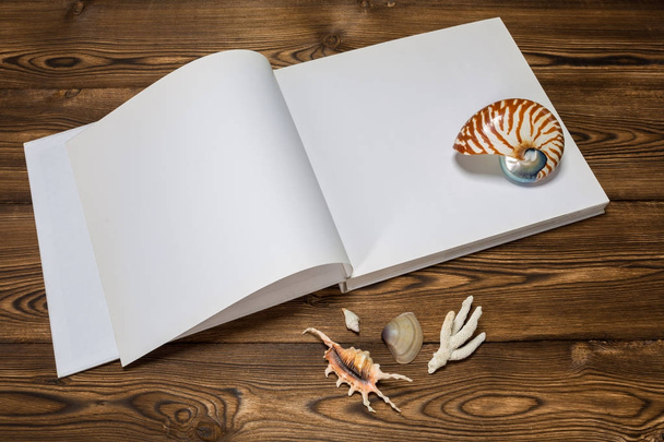 Egy nyitott könyv, tengeri kagylókból és egy takarót a fából készült háttér - Fotó, kép