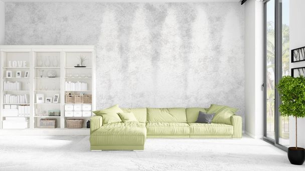 Scene with brand new interior in vogue with white rack and modern green divan. 3D rendering. Horizontal arrangement. - Foto, afbeelding