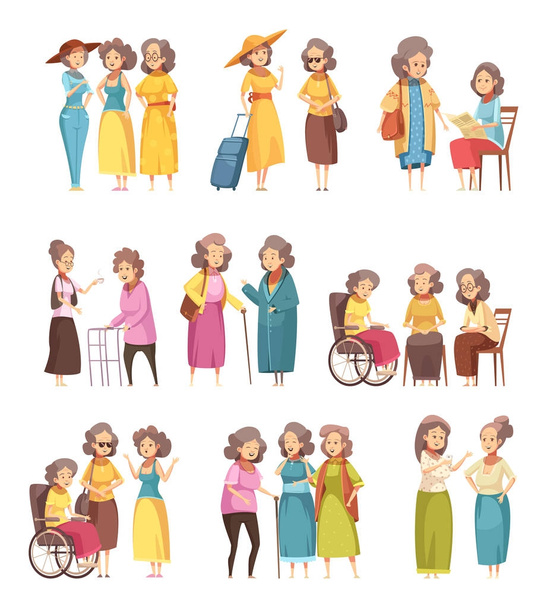 Senior Women Cartoon Icons Set - Vector, Image